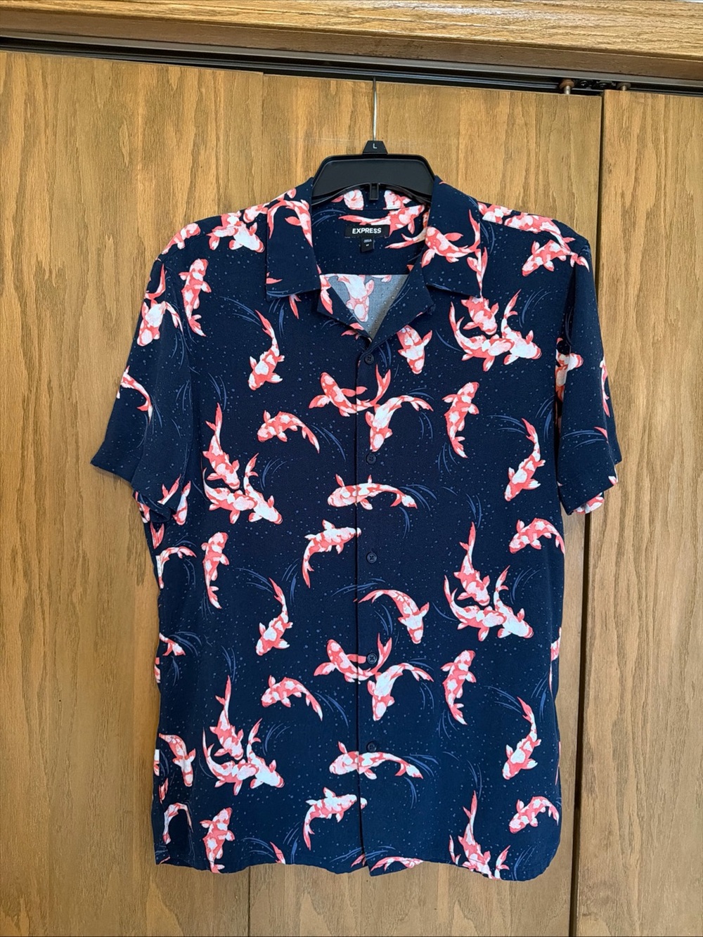 Express Men’s Navy Short-Sleeve Koi Print Button-Down Shirt
